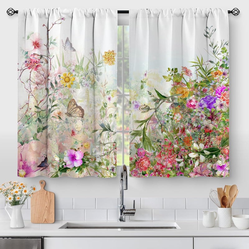 Aimego Floral Leaves Vintage Kitchen Curtains - Flower Colourful Cafe Rustic Small Short Tier Window Curtains for Bathroom Living Dining Room Decor Rod Pocket Window Drapes 36 Inch Length Set 28"x36" - Image 1